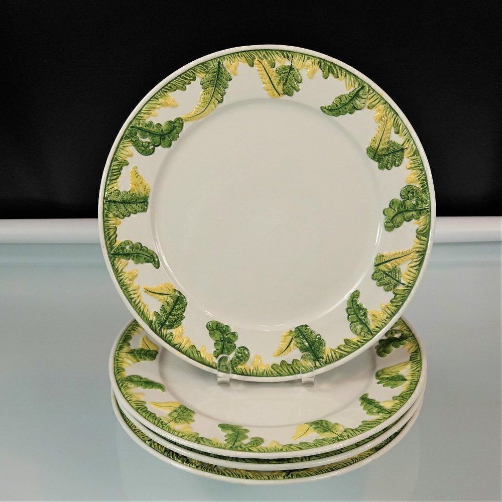 Vintage Italian Dinner Plates Set Of 4 Green Garden Ferns Flower Bud Cottagecore